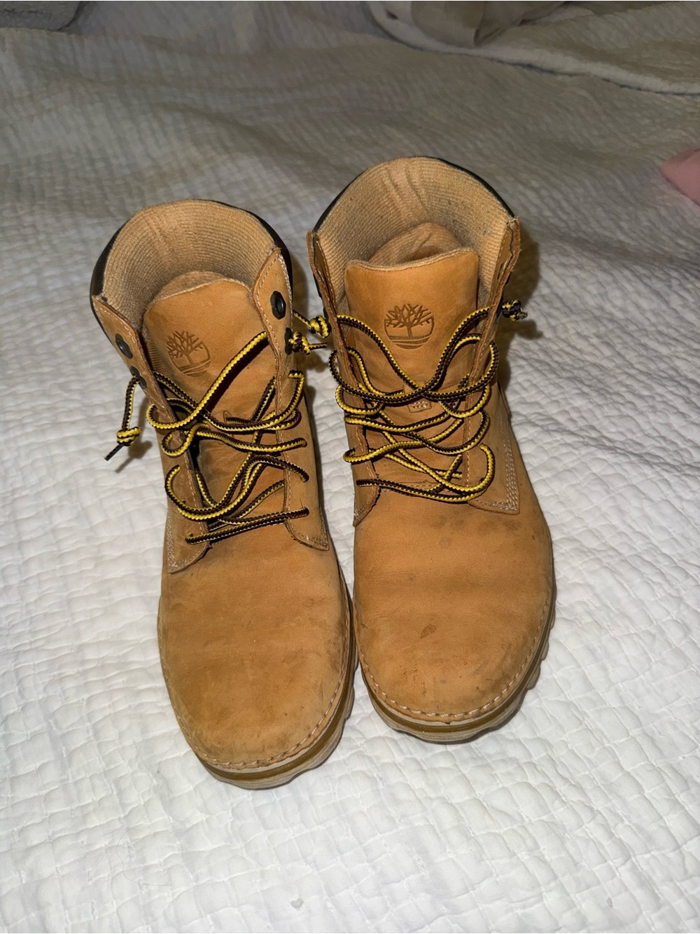 Timberland Tan Nubuck Work Boots with Yellow-Black Laces